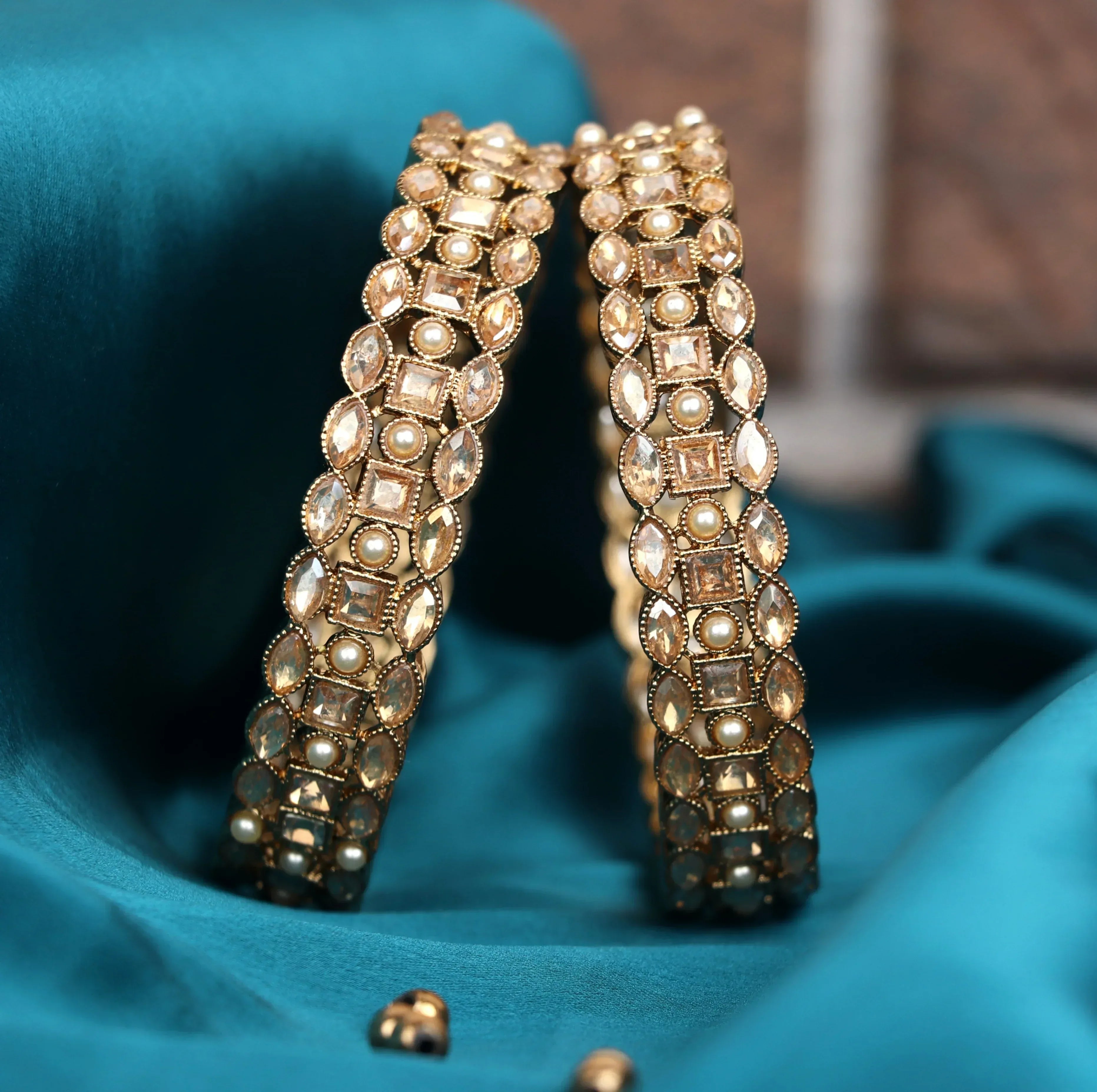 Metal Kada with Gold Plated Antique Design Kundan Studded - Traditional Indian Jewelry for Women & Girls - The Golden Cascade