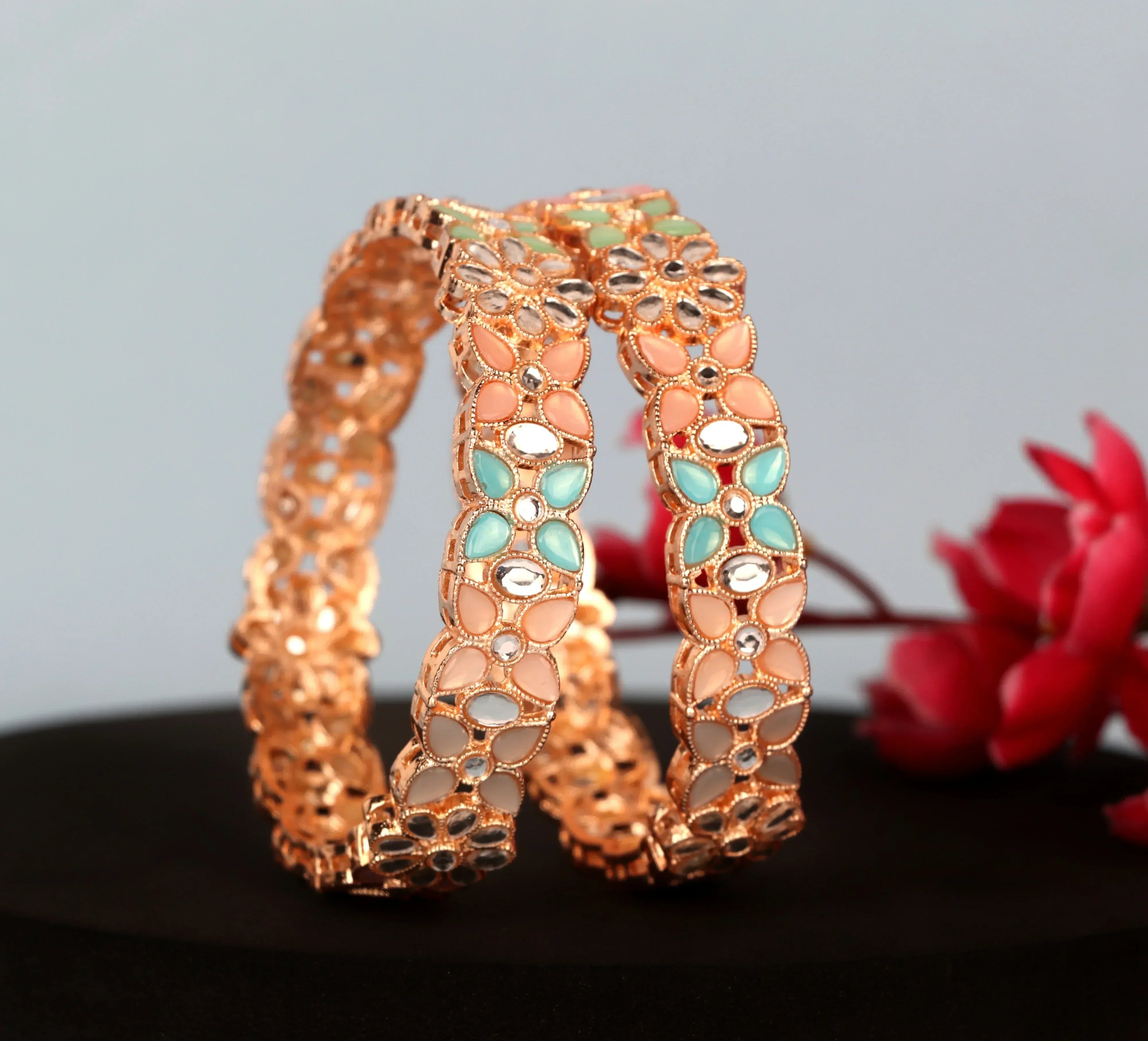 Multi Color Metal Kada with Gold-Plated Kundan Studded | Traditional Bangles for Women & Girls - The Golden Cascade