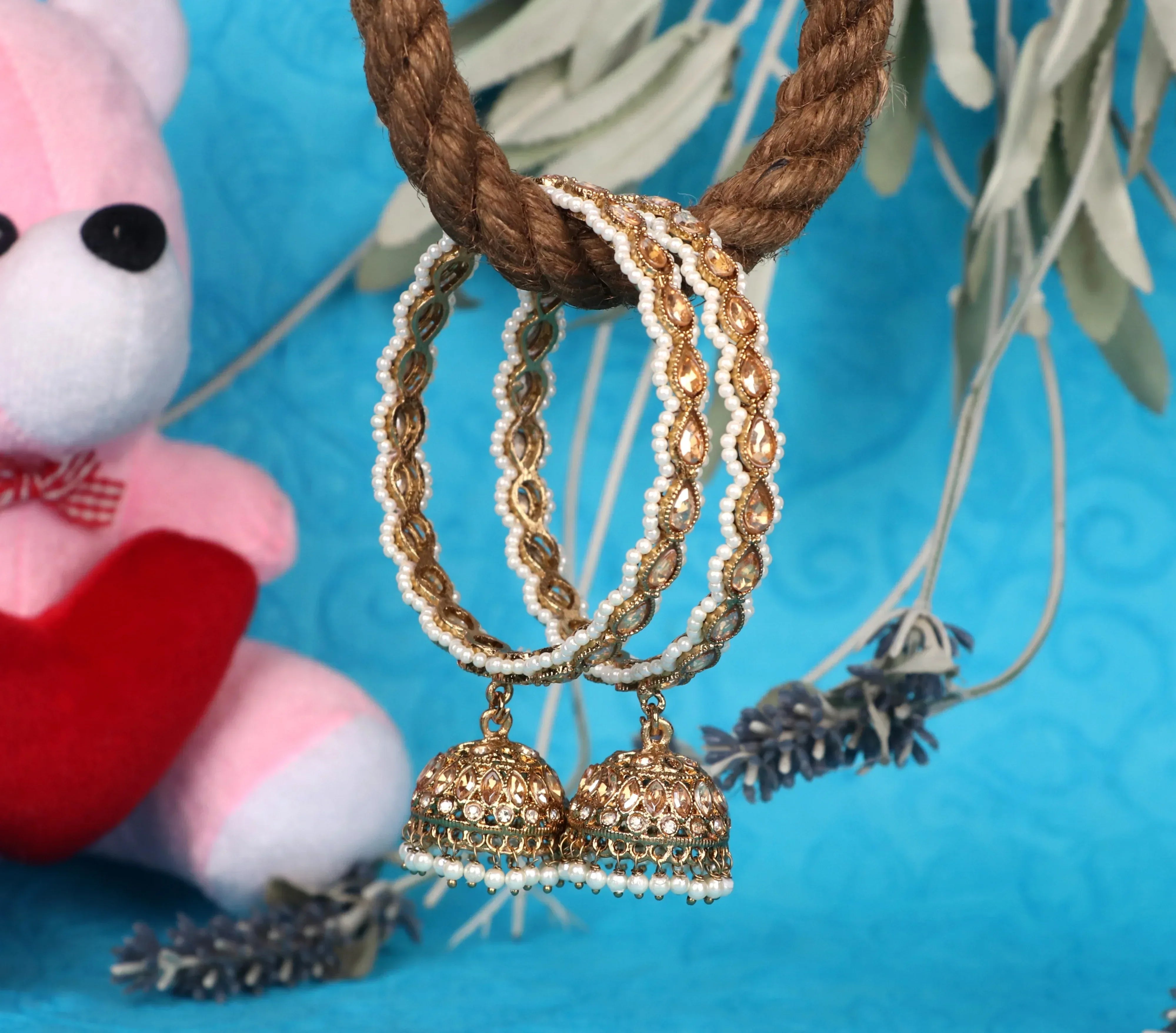 Antique Golden Plated Jhumki Latkan Kada Bangles | Traditional Stylish Kundan Kada for Women & Girls - The Golden Cascade