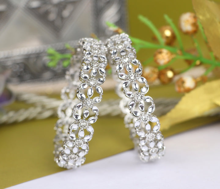 Silver Plated AD Stone Studded Metal Kada / Bracelet For Women & Girls