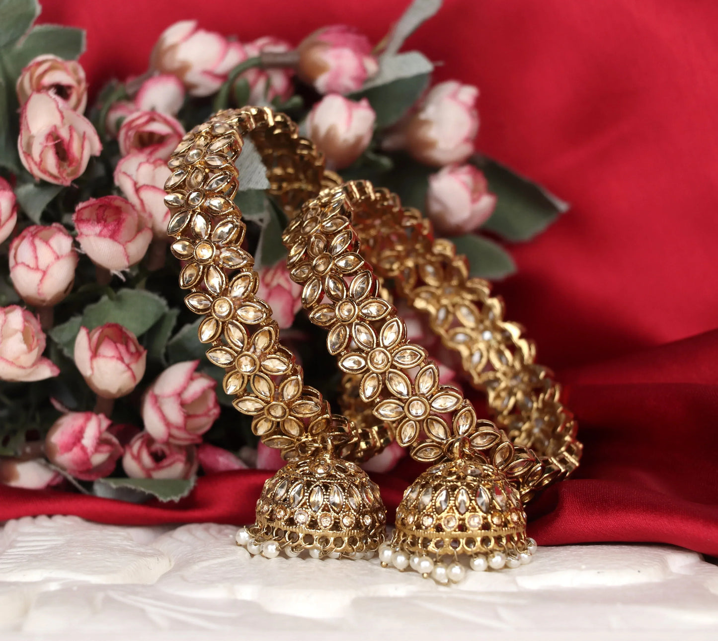 Gold Plated Floral Design Stone Studded Kada With Jhumki for Women (Pack of 2)