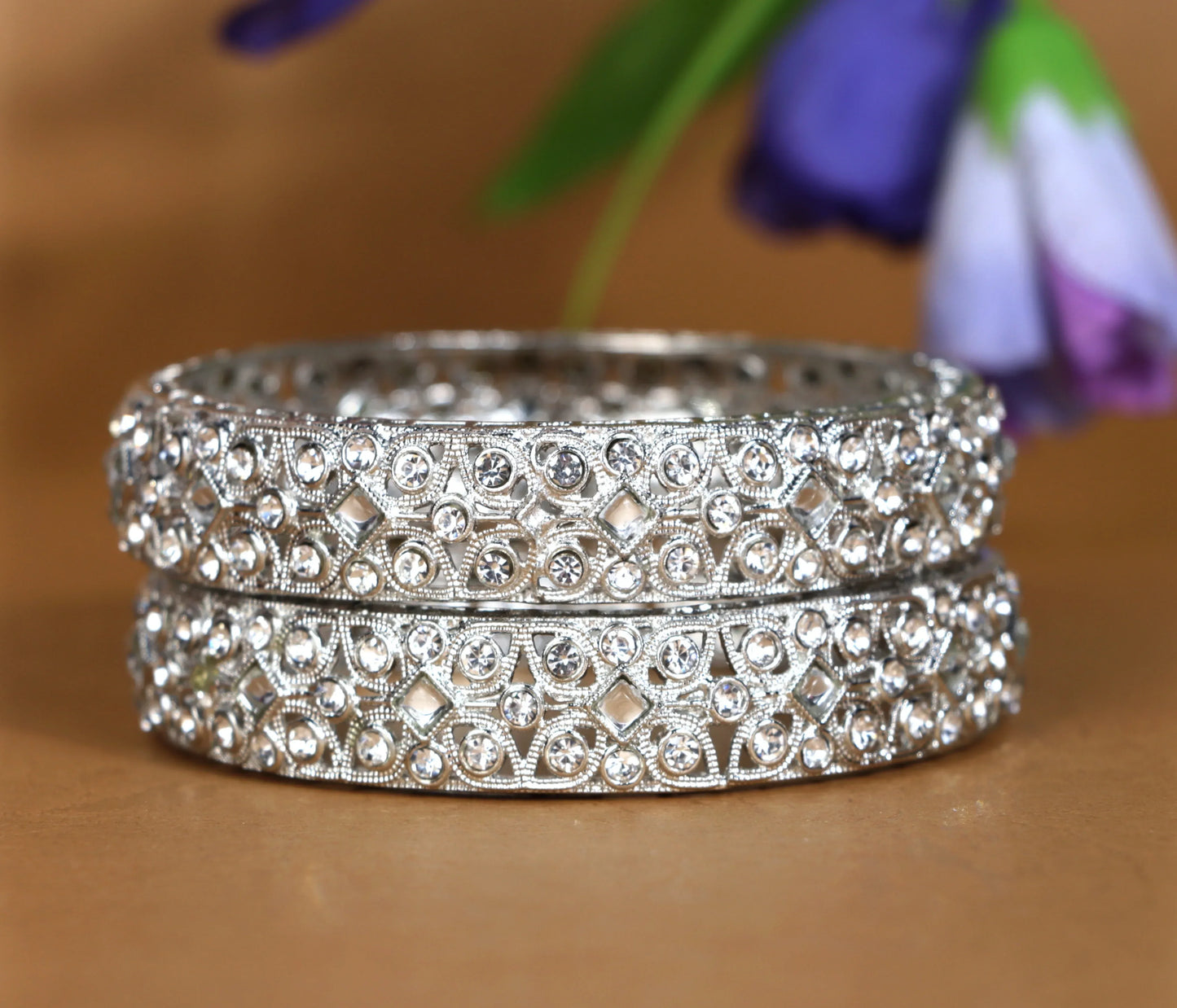 Silver Plated Stone Studded Designer Kada Bangles for Women (Pack of 2)