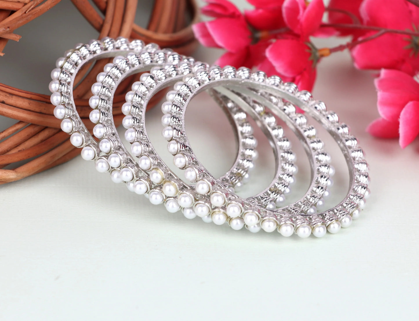 Silver Plated Pearl Studded Metal Kada for Women (Pack Of 2)