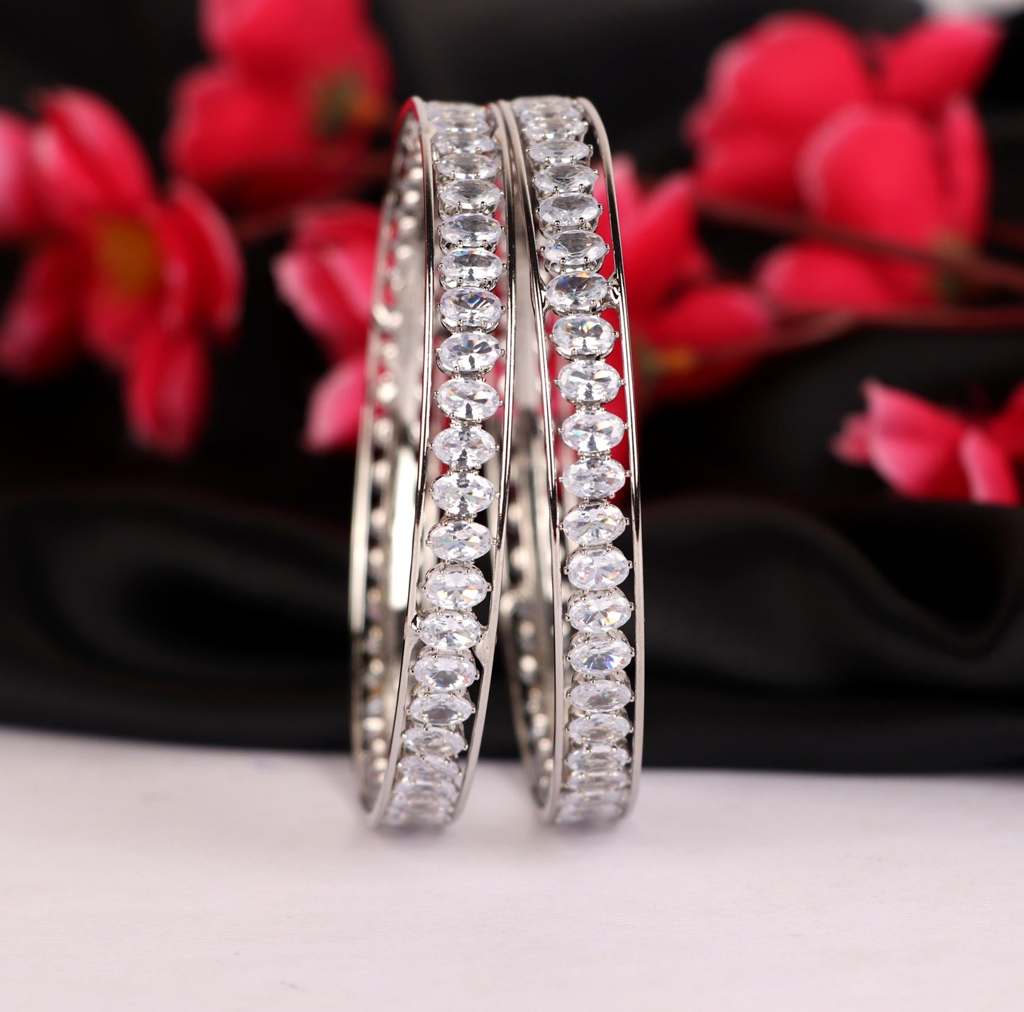 Premium American Diamond Metal Kada For Women & Girls | Antique Design Silver-Plated AD Studded Kada