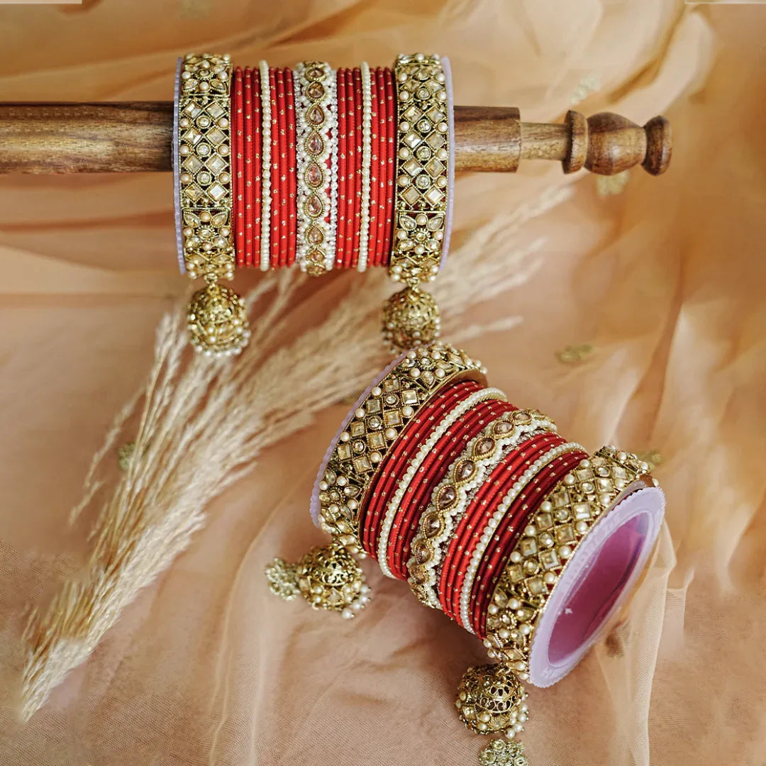 Traditional Red Metal Bangles Set for Women | Stylish Kundan Work Studded Golden Jhumki Kada - The Golden Cascade