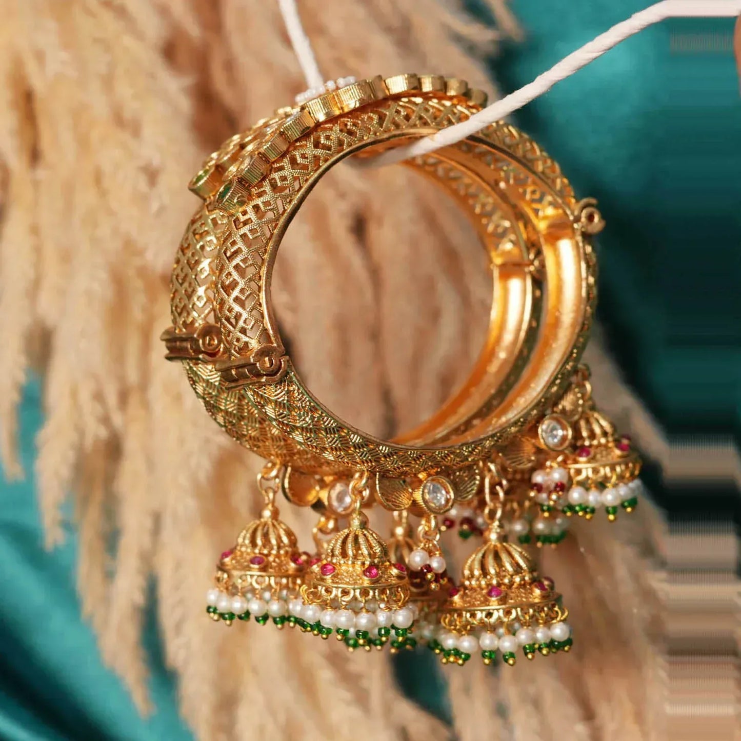 Antique Brass Jhumki Latkan Kada Bangles for Women (Pack of 2) - The Golden Cascade