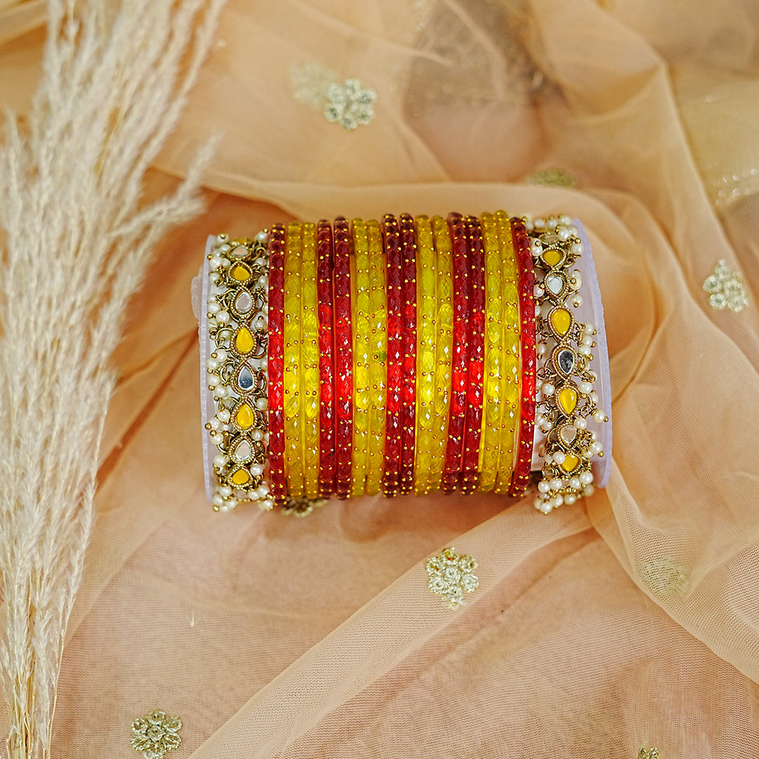 Traditional Glass Bangle Set with Kundan Metal Kada & Pearl for Women