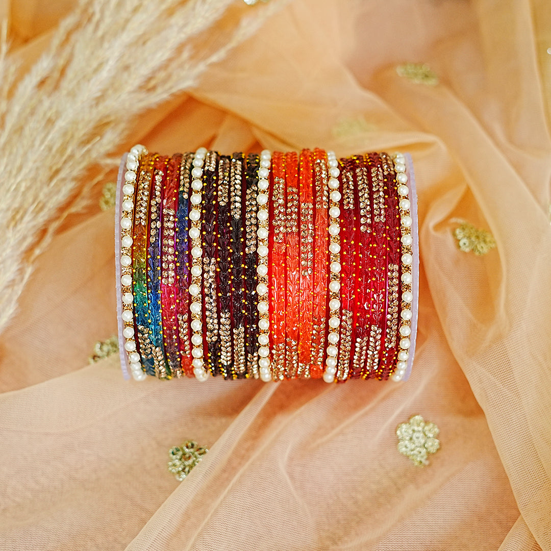 Glass Bangles Set with Pearl & Stone Studded Design for Women & Girls
