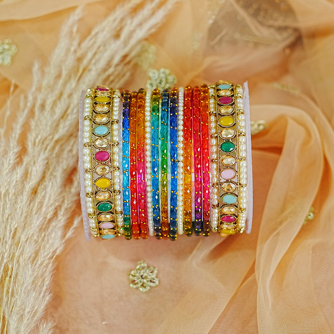 Glass Bangle with Multi Color Kundan Kada Set for Women & Girls