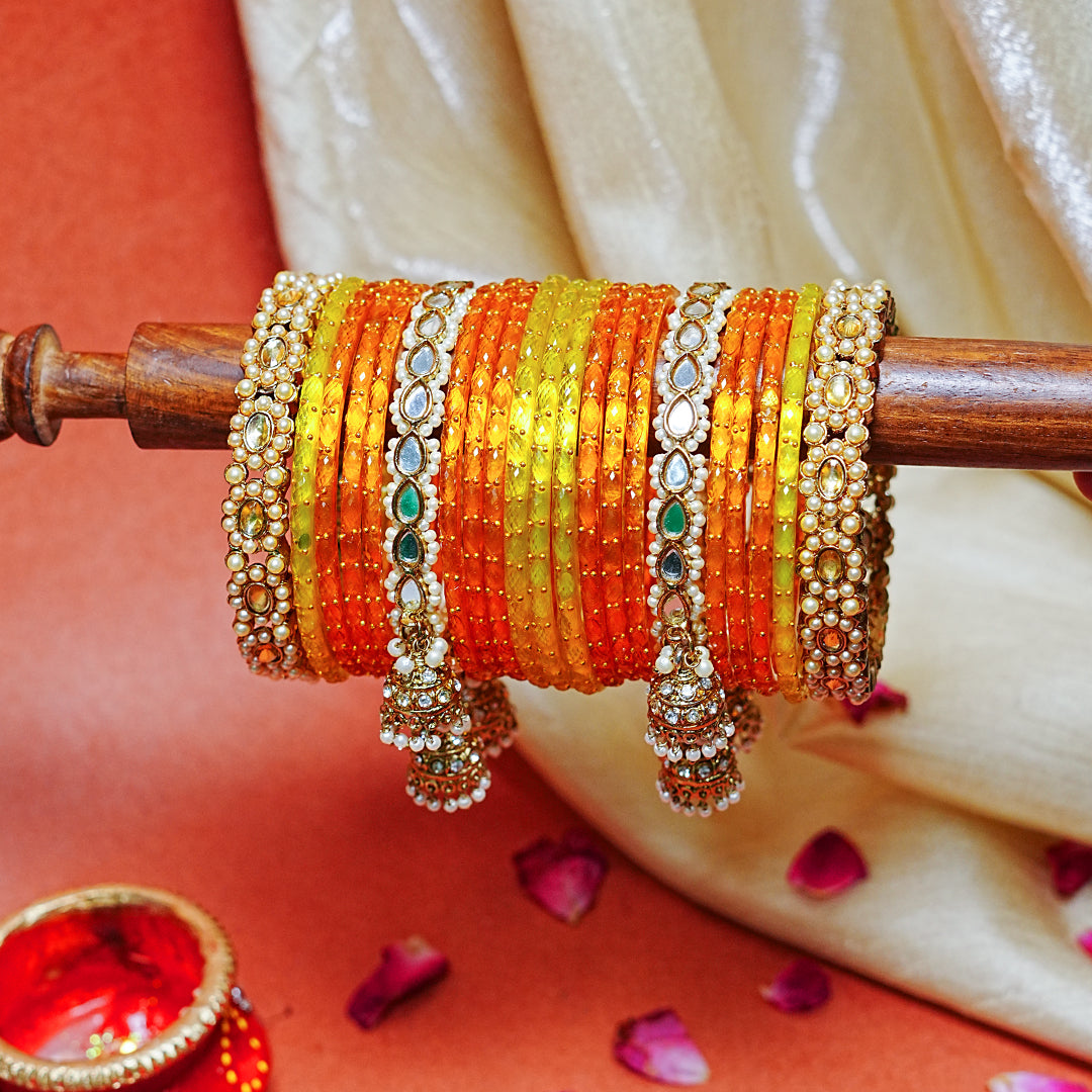 Glass Bangles Set with Latkan Jhumki Kada, Kundan Work & Pearl Studded for Women & Ladies