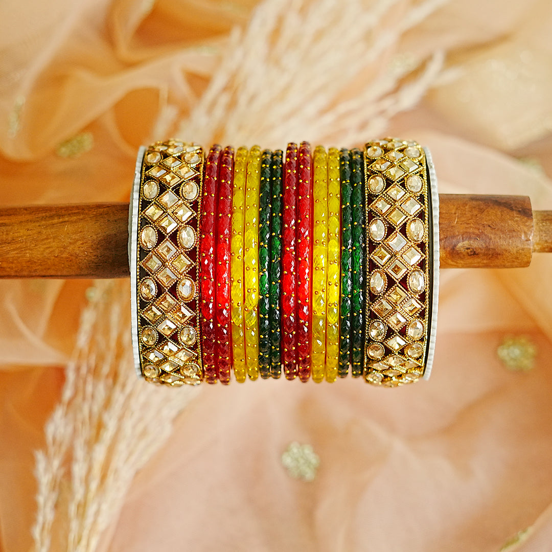 Elegant Multi Color Glass Bangles with Metal Kada For Women & Girls