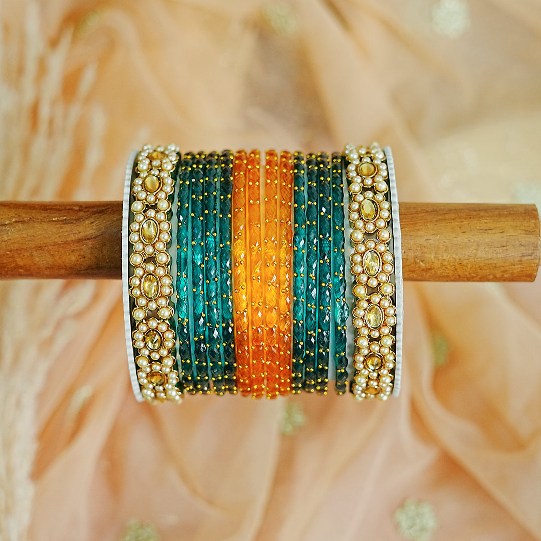 Glass Bangle Set with Kundan Metal Kada & Pearl Studded for women