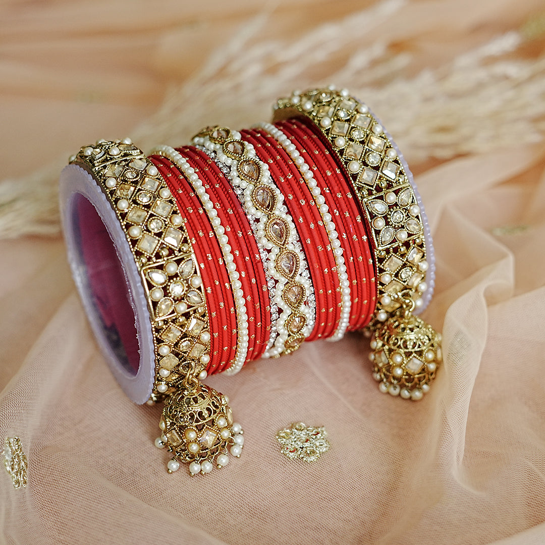 Traditional Red Metal Bangles Set for Women | Stylish Kundan Work Studded Golden Jhumki Kada