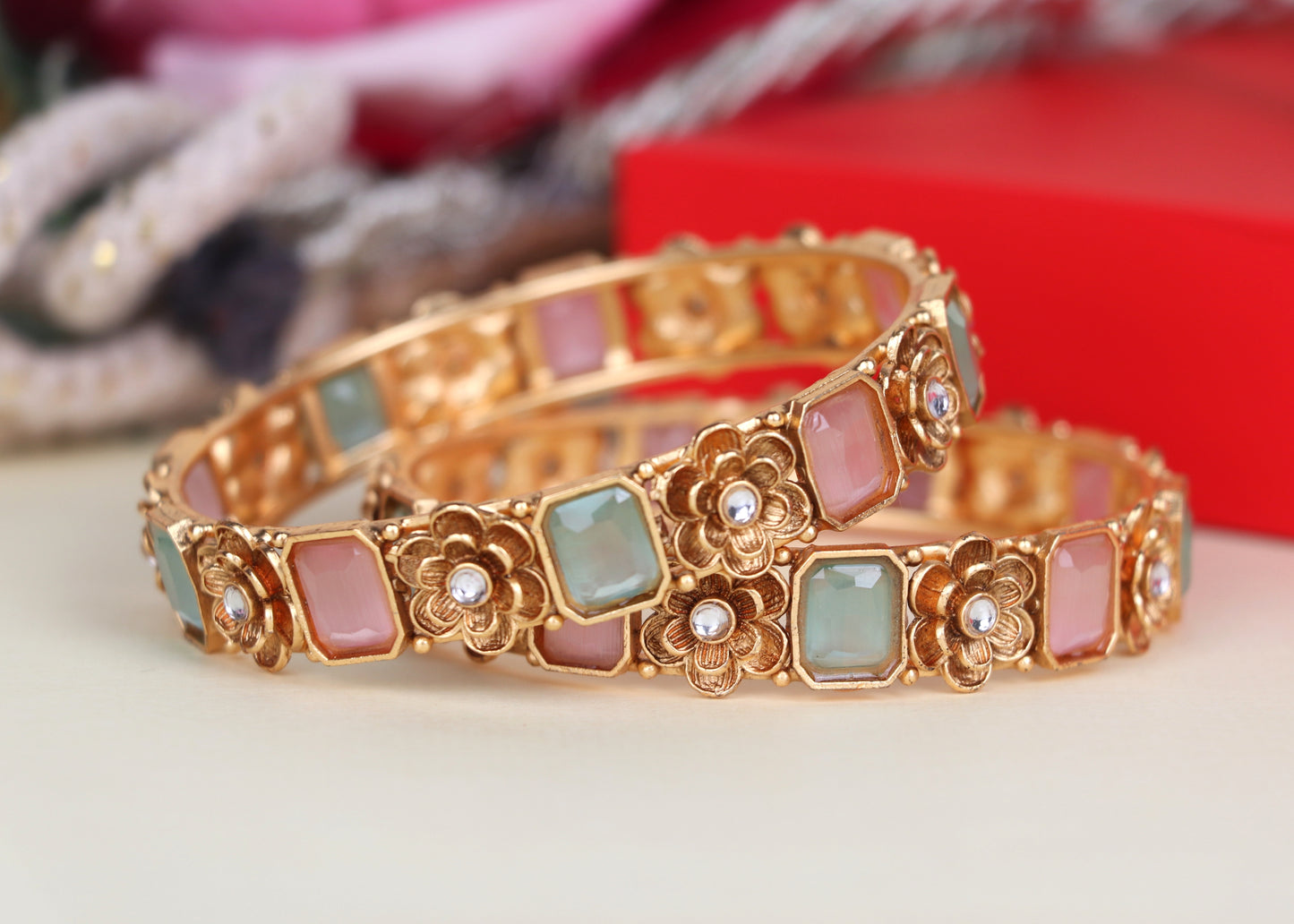 Gold Plated Multicolor Kada with Kundan for Women & Girls