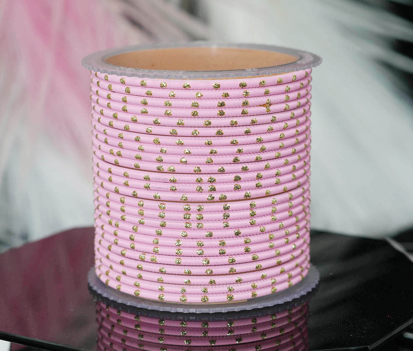 Baby Pink Dot Design Matte Finish Metal Bangle for Women & Girls (Pack of 24)