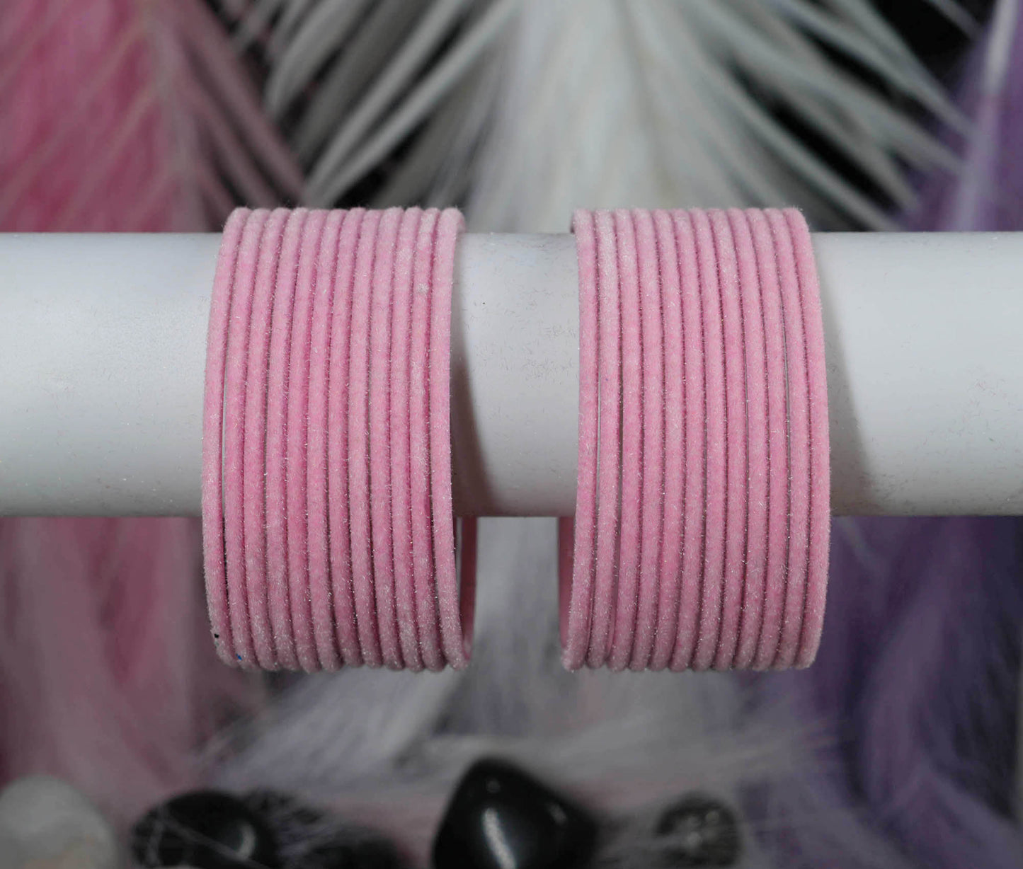 Baby Pink Velvet Metal Bangles for Women & Girls (Pack of 24)