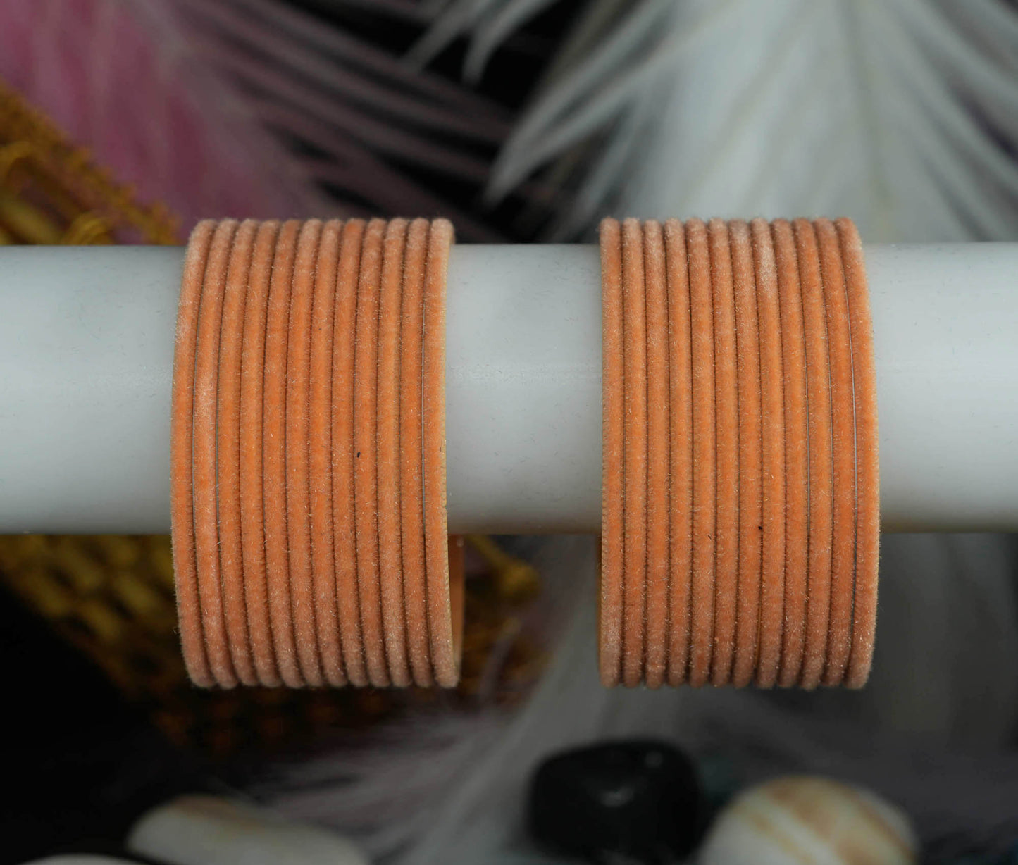 Peach Color Velvet Metal Bangles for Women & Girls (Pack of 24)