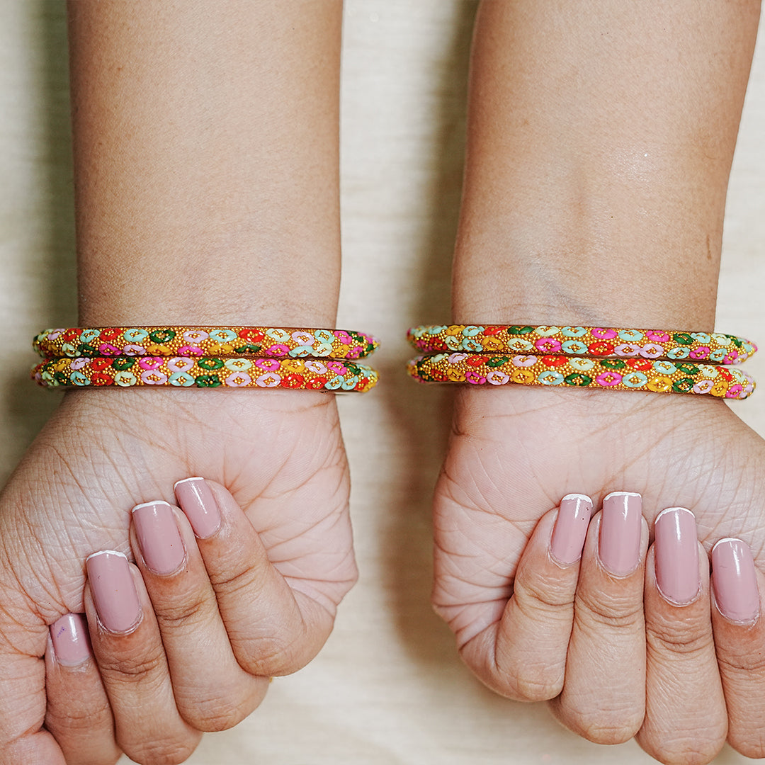 Golden Ball Studded Handcrafted Glass Kada Bangles for Women & Girls (Pack of 4 Kada)
