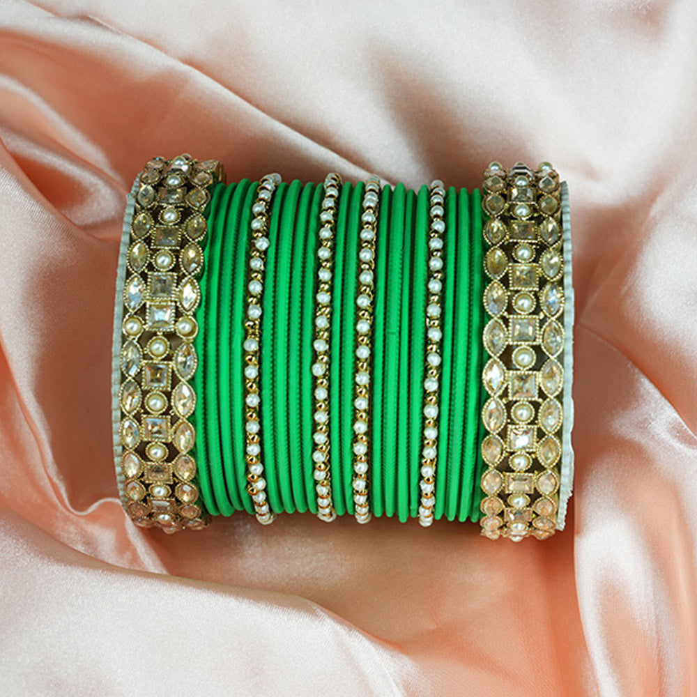 Green Bangle Set for Women | Gold Plated Kundan Studded Kada with Pearl & Metal Bangles for Festive & Party Wear