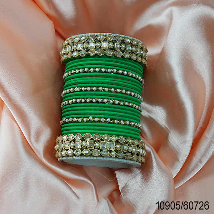 Green Bangle Set for Women | Gold Plated Kundan Studded Kada with Pearl & Metal Bangles for Festive & Party Wear
