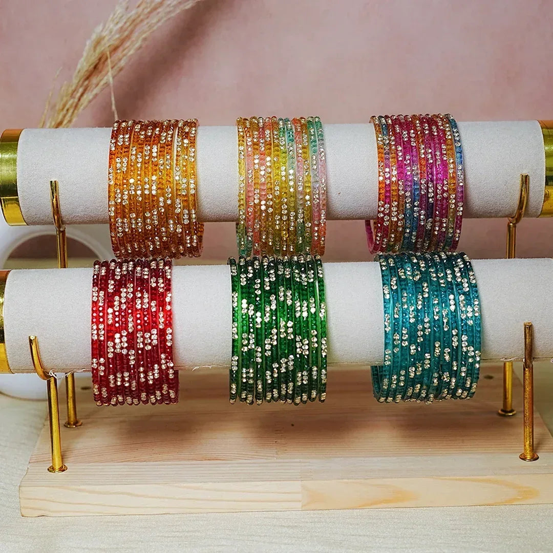 Traditional Indian Glass Bangles for Women with Stone Work (Pack of 12) - The Golden Cascade
