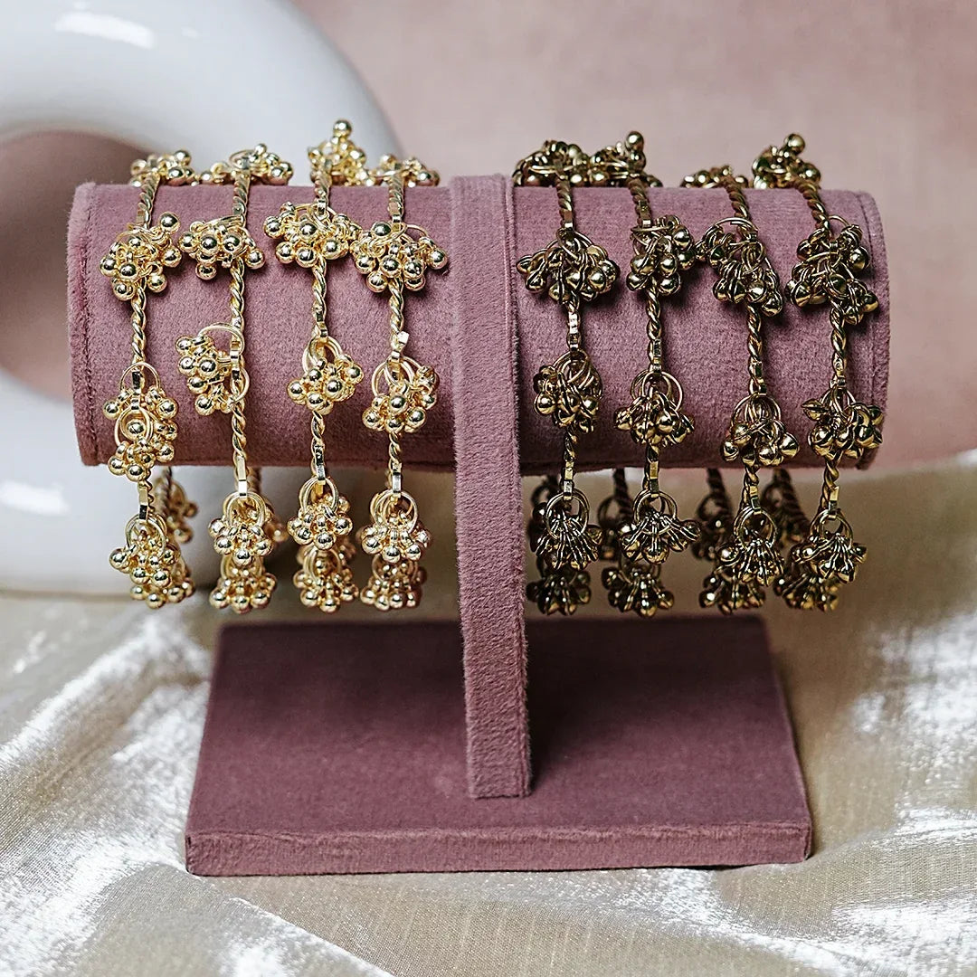 Ghungru Style Antique Gold Polished Metal Kada Bangles (Pack of 4) - The Golden Cascade