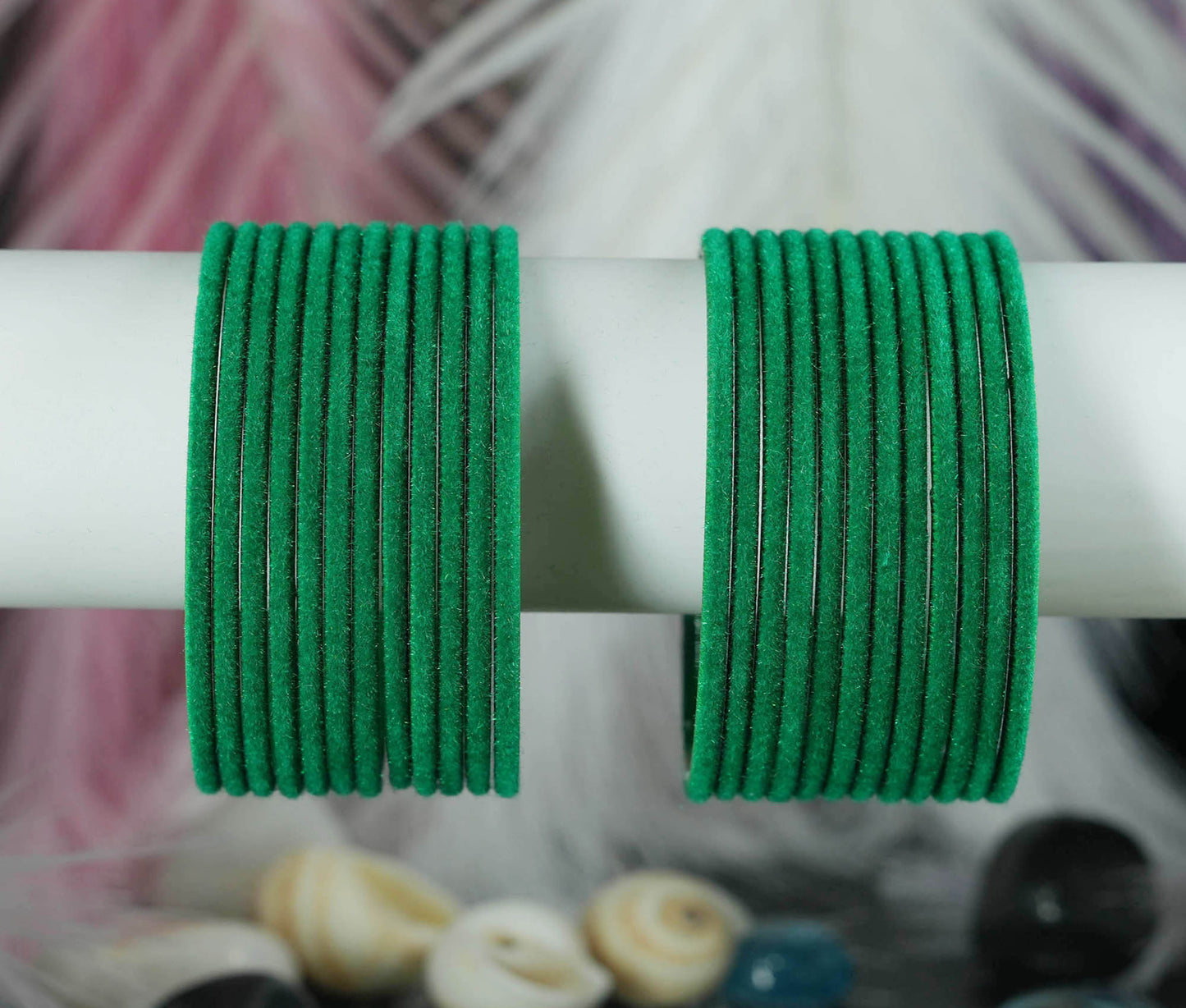 Green Color Velvet Metal Bangles for Women & Girls (Pack of 24)