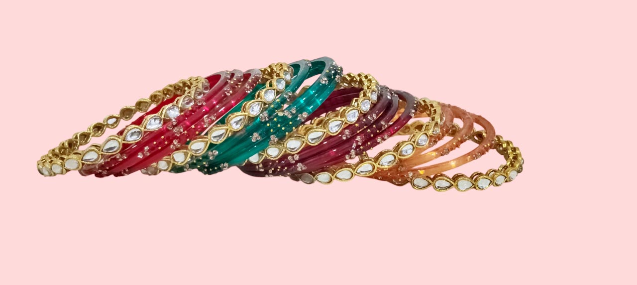 Traditional Glass Bangles Set for Women | Gold Plated with Kundan Stone