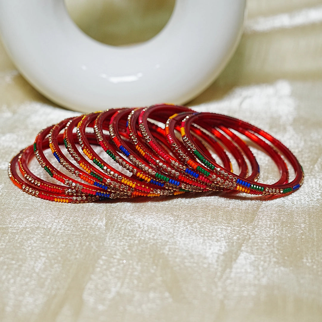 Handcrafted Glass Chudi Set with Golden Balls & Beads Work (Pack of- 12 Bangles)