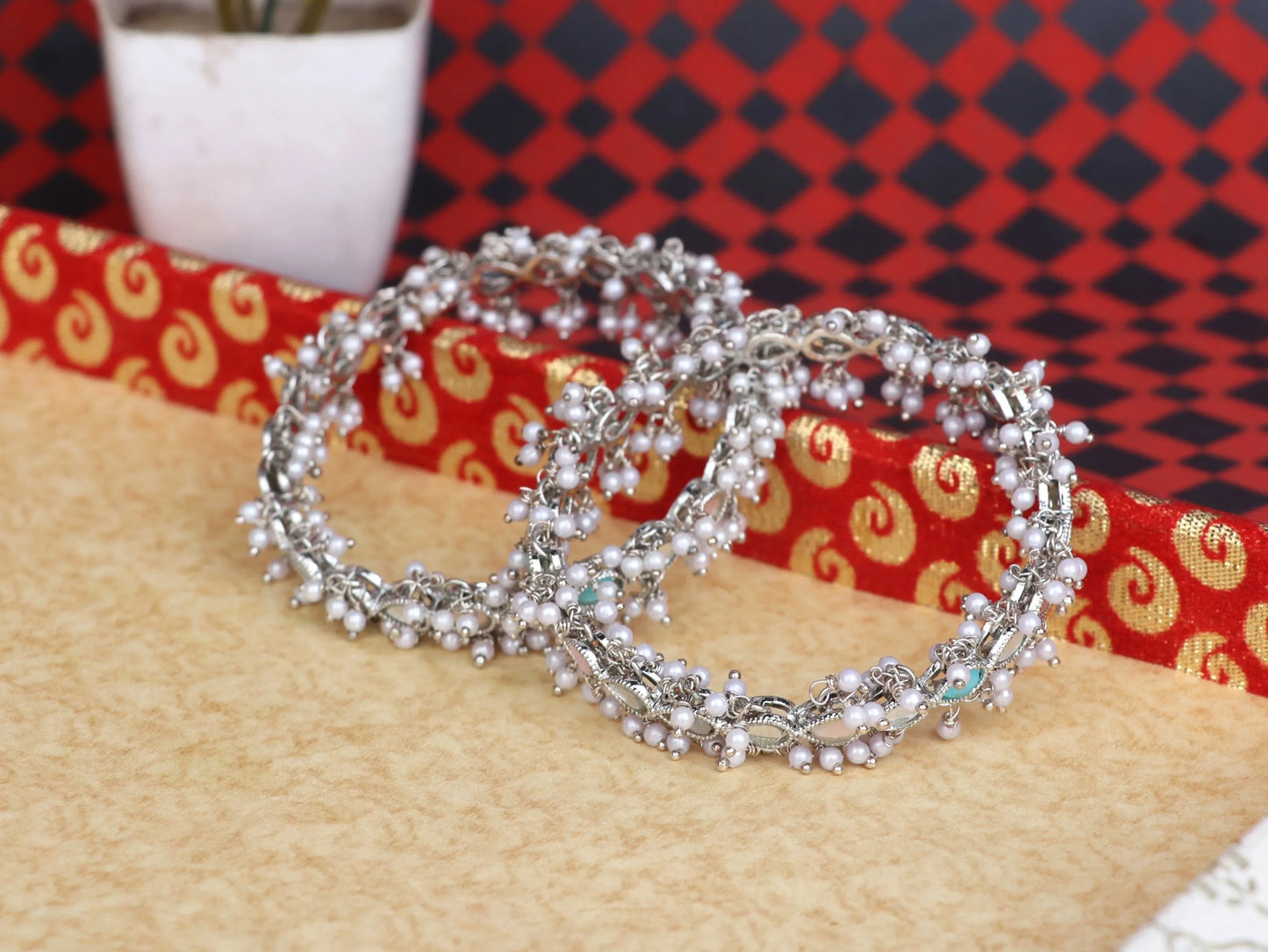 Multicolor Mirror Work Metal Kada for Women with Pearl (Pack Of 2)