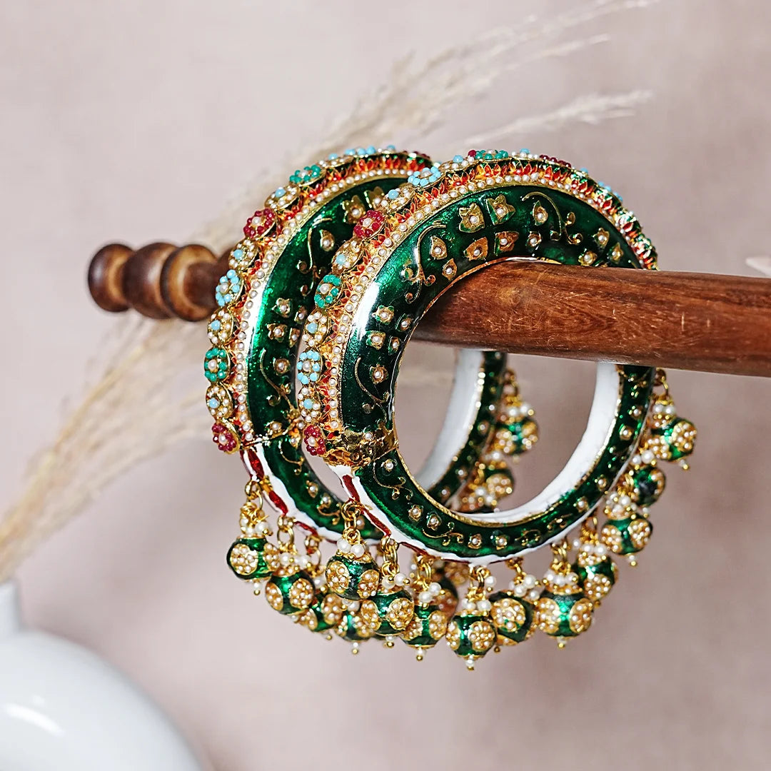 Traditional Jewelry Green Color Bridal Rajwadi Kada for Women (Pack of 2)