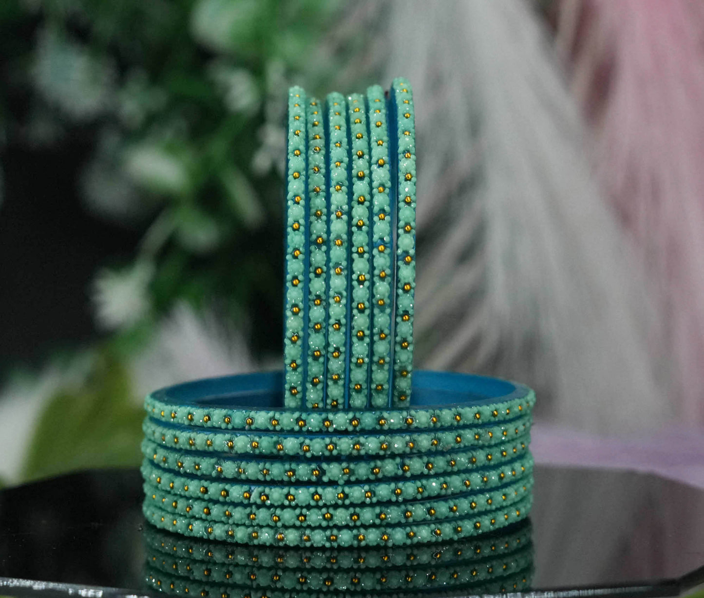 Glass Bangle with Golden Ball Studded for Women & Girls (Pack of 12 Bangles)