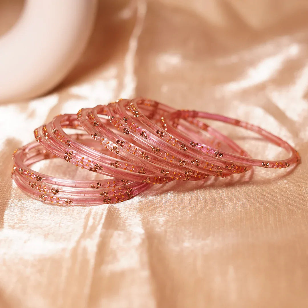 Glass Bangle with Beads Studded for Women & Girls (Pack of 12 Bangles) - The Golden Cascade
