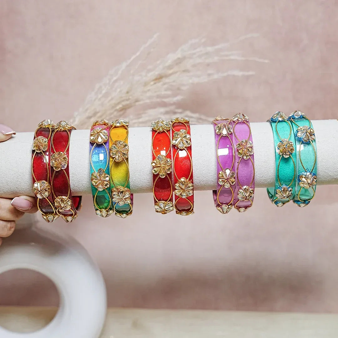 Flower Design Kundan Work Glass Kada Bangle for Women & Girls (Pack of 2) - The Golden Cascade