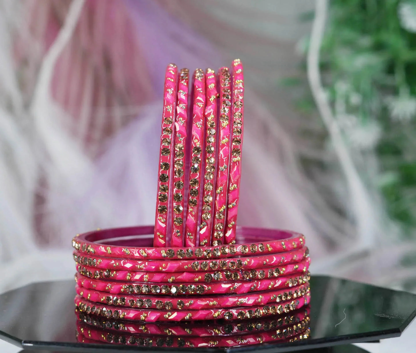 Glass Bangles with Gold Pearl Beads Studded for Women & Girls (Pack 12 Bangles) - The Golden Cascade