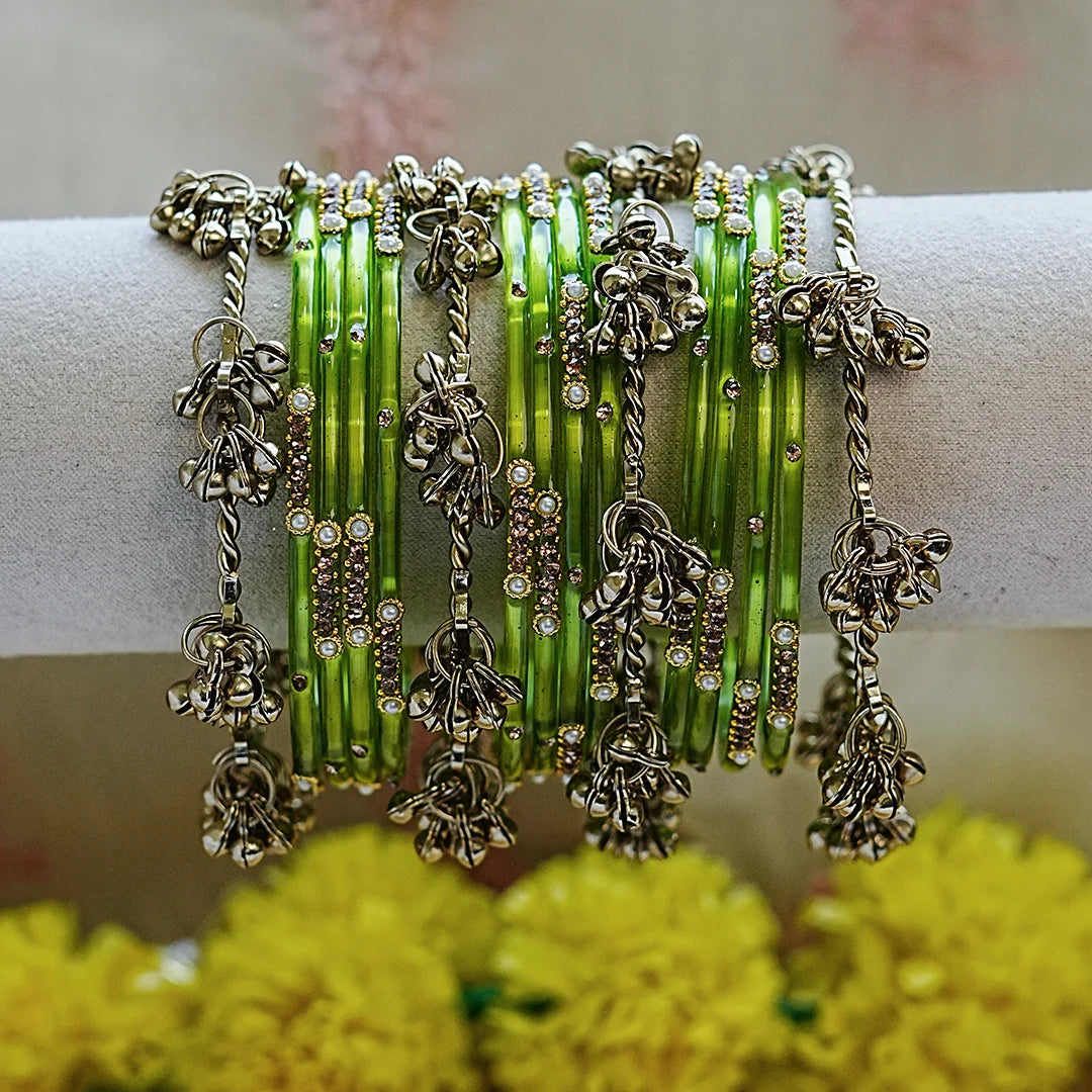 Traditional Ghughru Style Glass Bangles Set for Women (Both Hand)