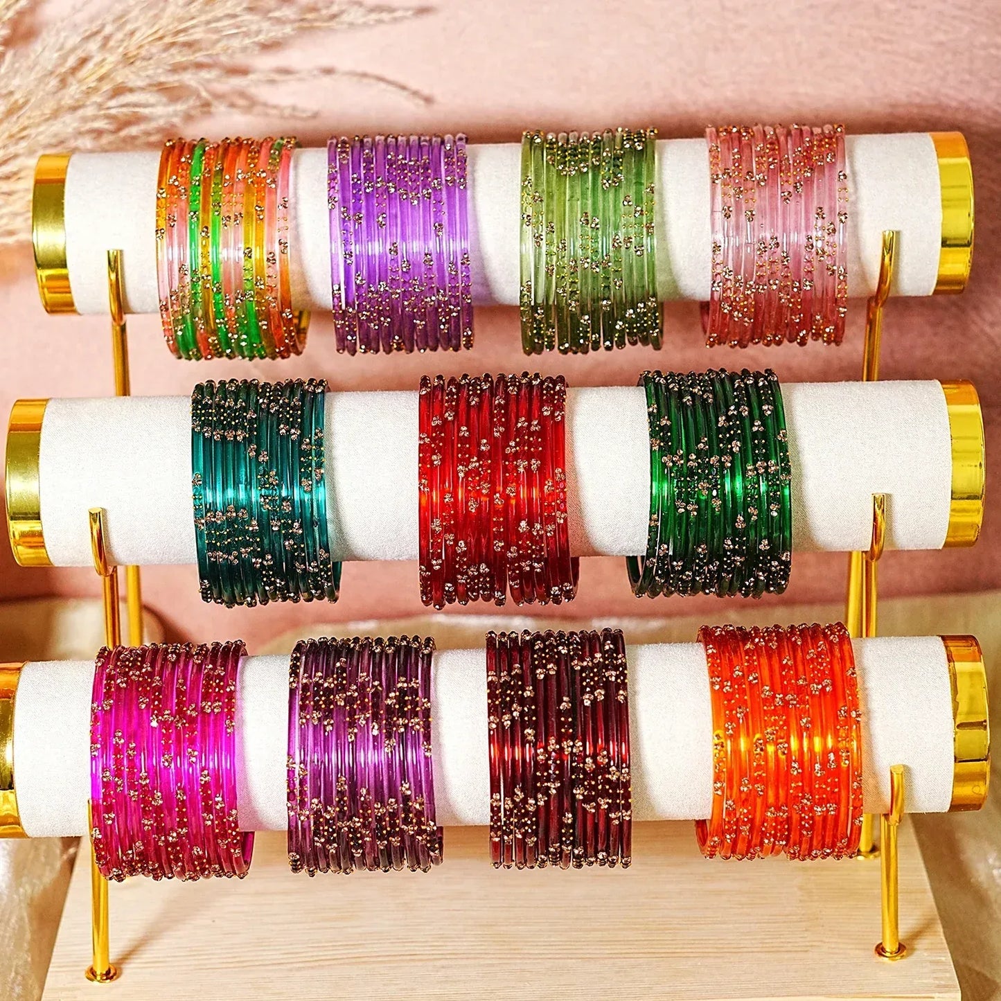 Glass Bangle with Beads Studded for Women & Girls (Pack of 12 Bangles) - The Golden Cascade