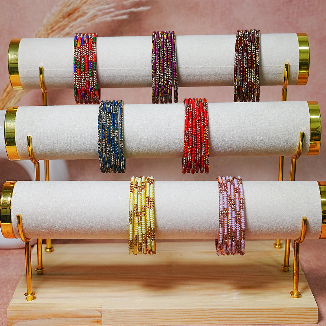 Handcrafted Glass Chudi Set with Golden Balls & Beads Work (Pack of- 12 Bangles)