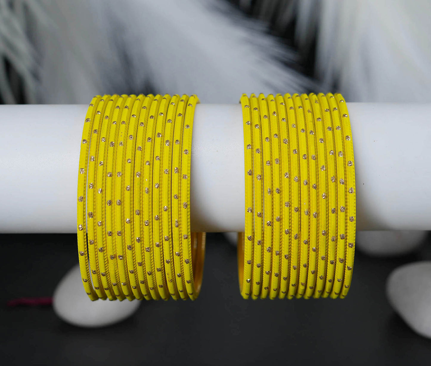 Yellow Green Dot Design Matte Finish Metal Bangle for Women & Girls (Pack of 24)