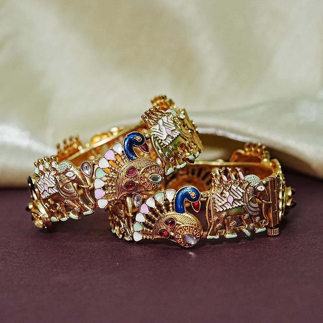 Premium Handcrafted Brass Kada – Elephant & Peacock Motif (Pack of 2) - The Golden Cascade