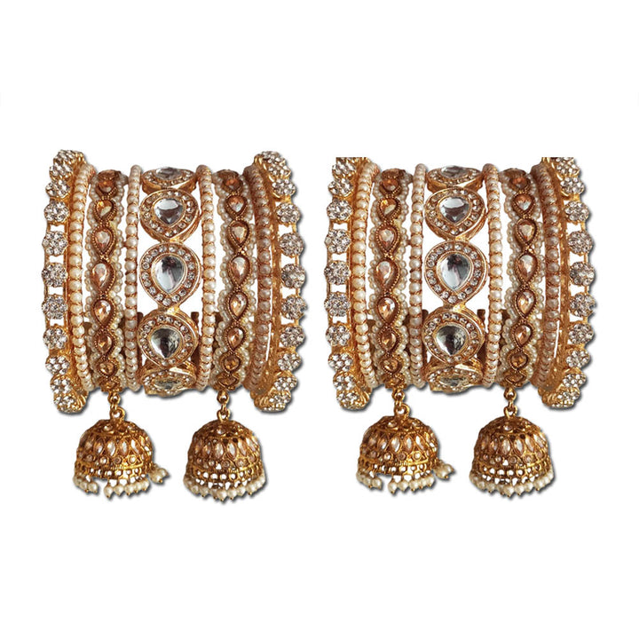 Golden Bangles Set for Women & Girls | Traditional Kundan & Pearl Design with Jhumki Latkan | Bridal & Festive Wear