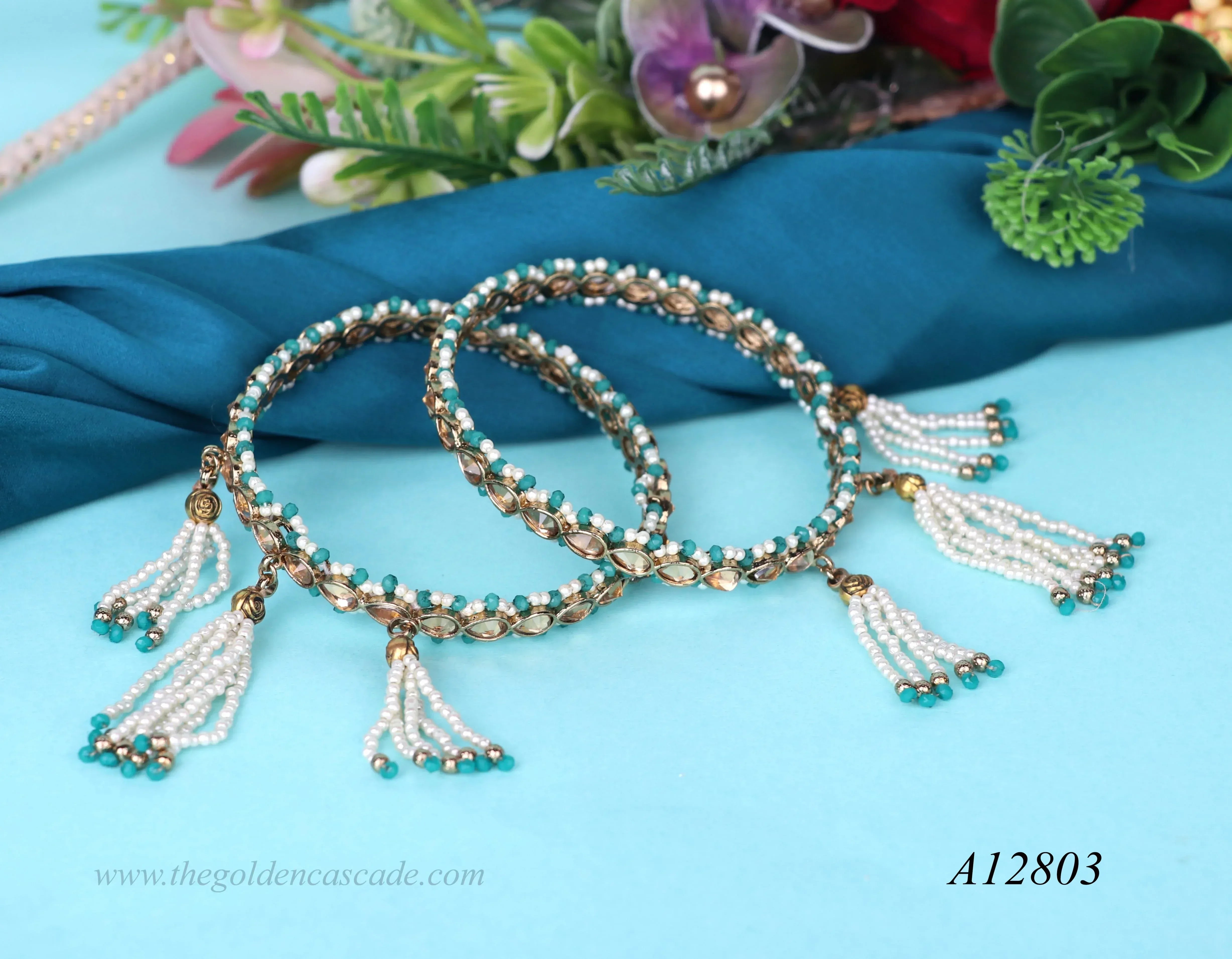 Kundan Studded Gold Plated Metal Kada for Women | Traditional Pearl Latkan Design | Ethnic Indian Jewelry for Weddings, Festivals & Special Occasions - The Golden Cascade