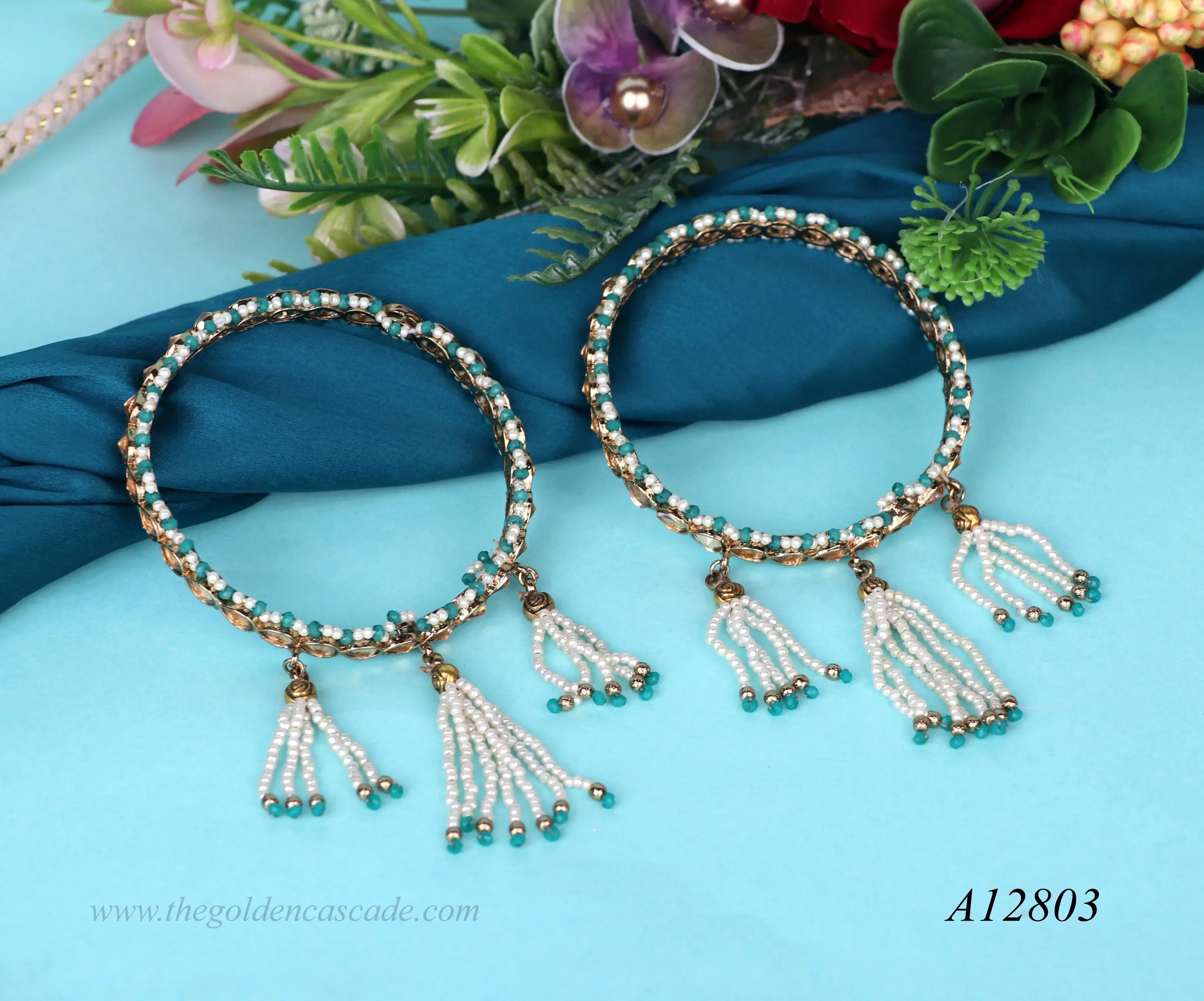 Kundan Studded Gold Plated Metal Kada for Women | Traditional Pearl Latkan Design | Ethnic Indian Jewelry for Weddings, Festivals & Special Occasions - The Golden Cascade