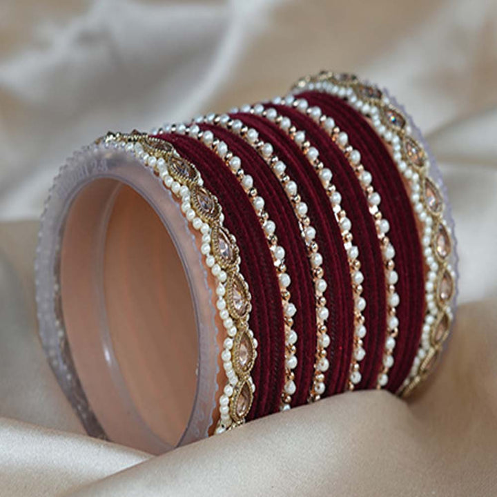 Maroon Velvet Metal Bangle Set for Women & Girls (Both Hand)
