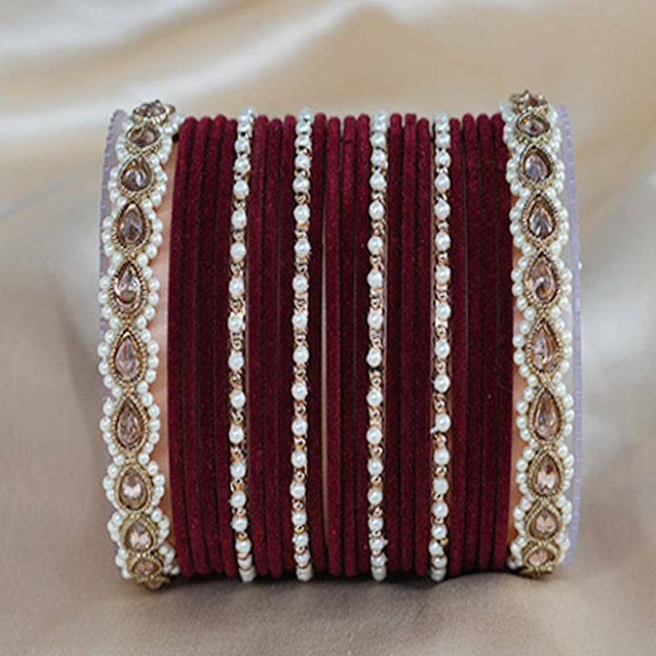 Maroon Velvet Metal Bangle Set for Women & Girls (Both Hand)