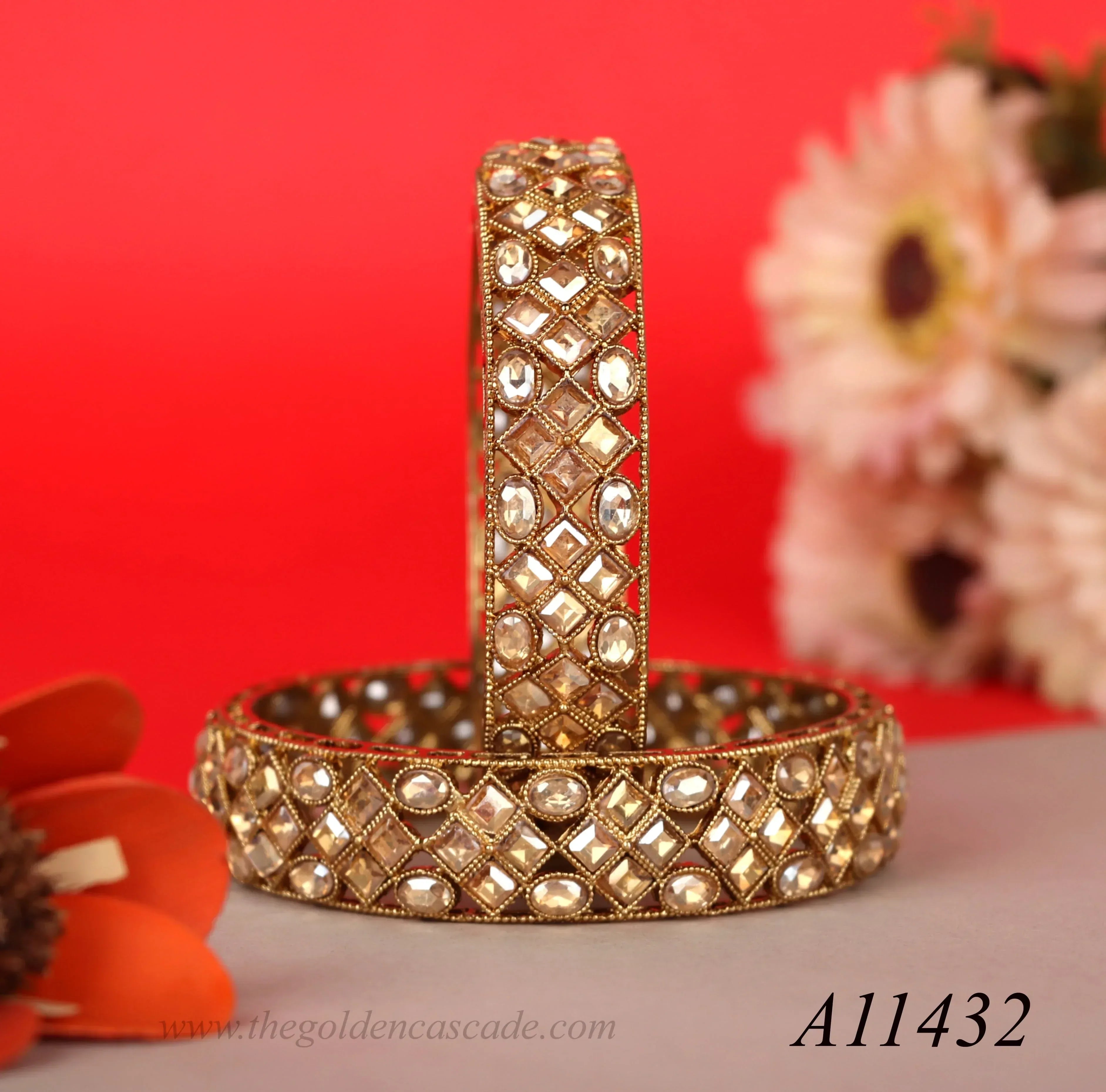 Elegant Gold Plated Ethnic Stone-Studded Kada for Women (Pack of 2) - The Golden Cascade