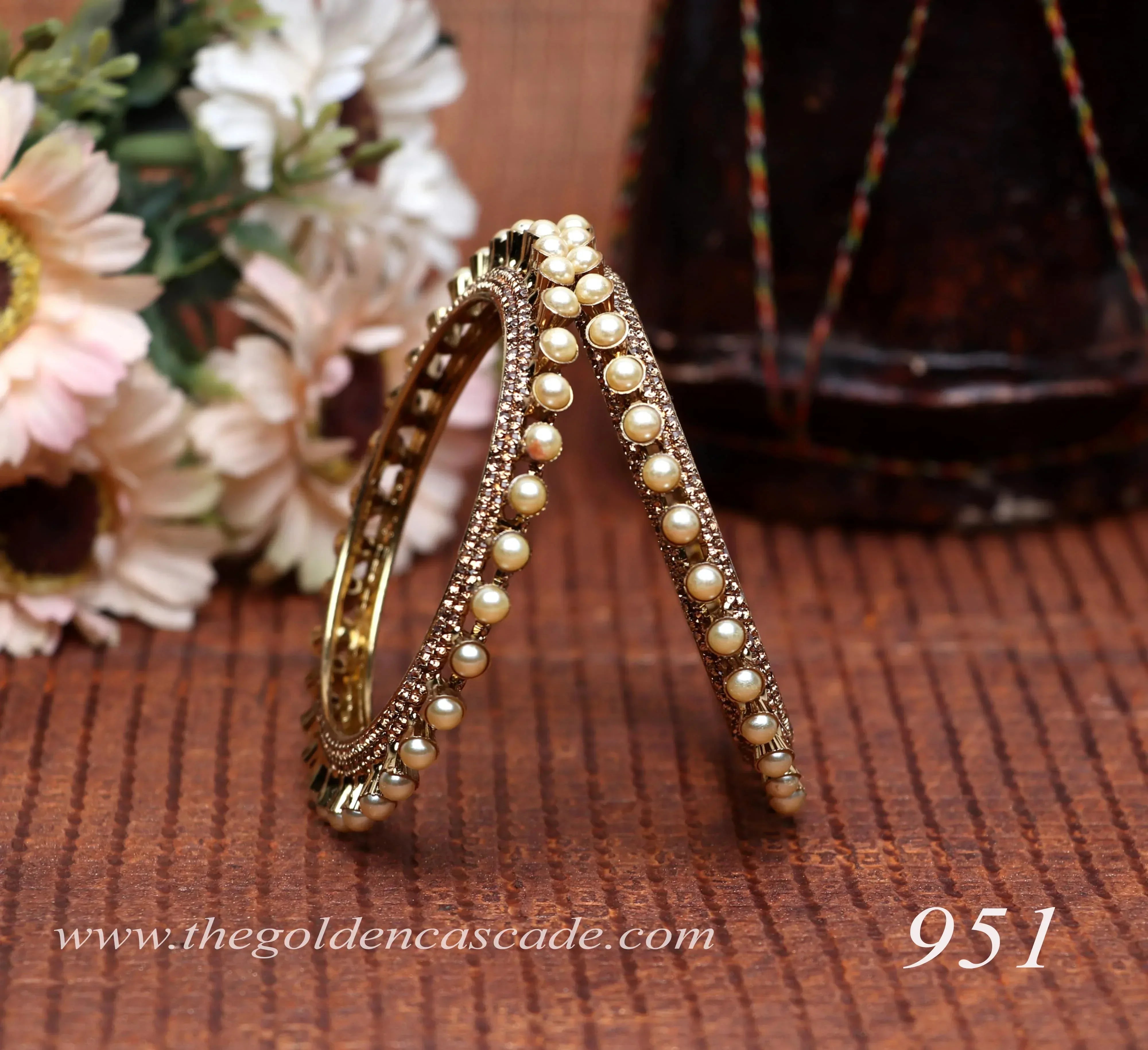 Traditional Pearl-Studded Metal Kada for Women (pack of 2) - The Golden Cascade