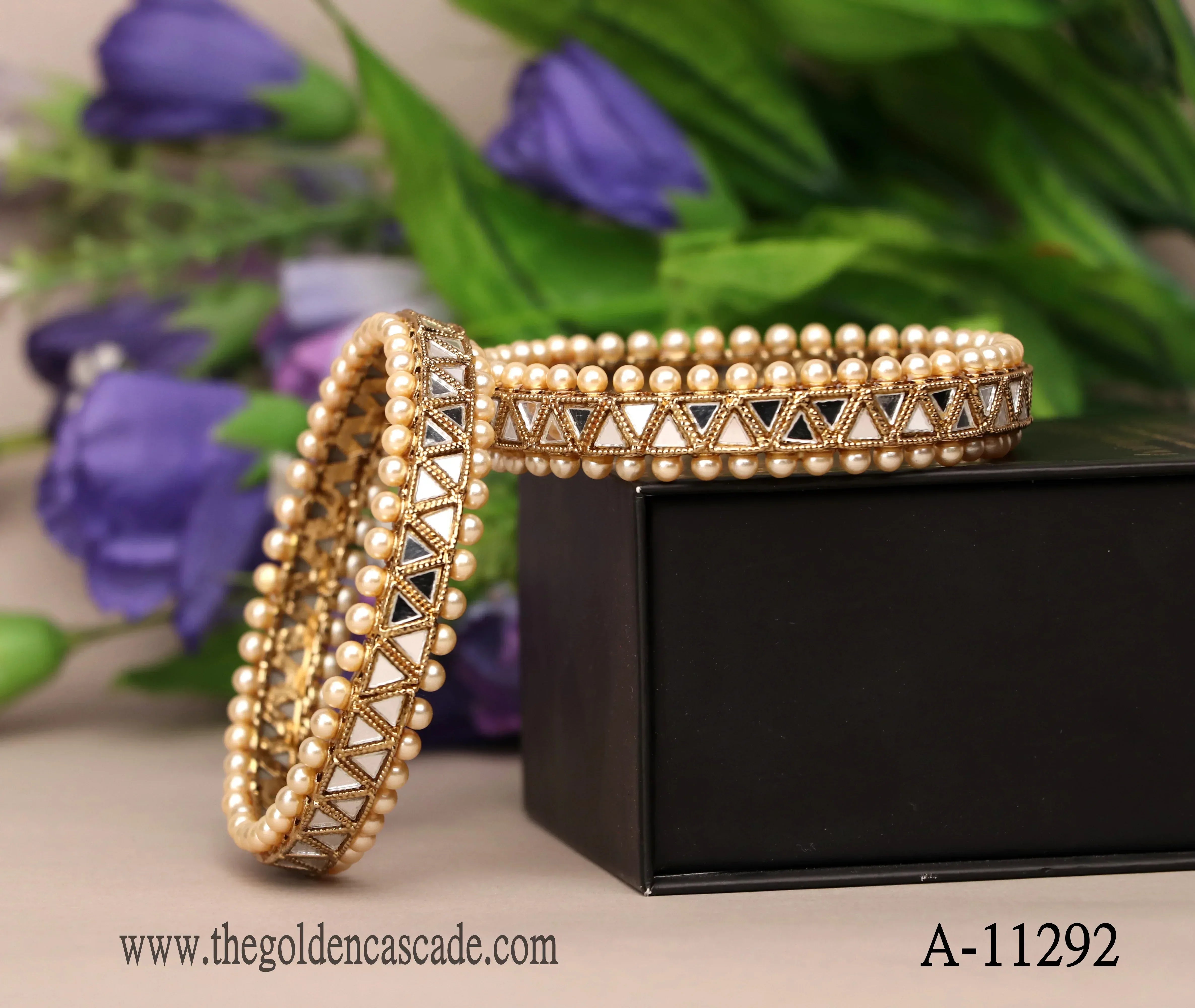 Luxury Mirror Work Metal Kada With Pearls Studded Metal Kada For Women (Pack of 2) - The Golden Cascade