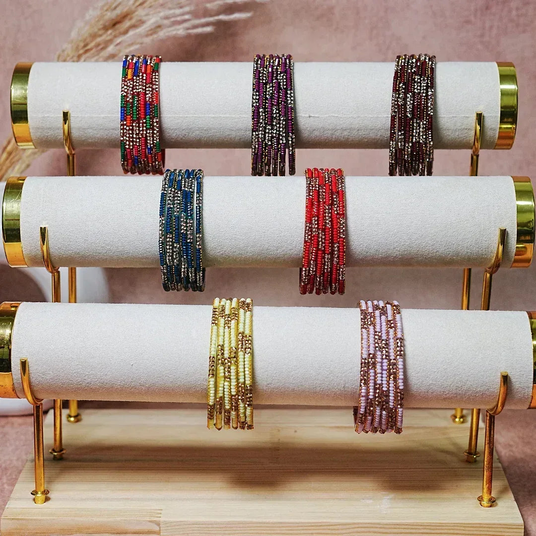 Handcrafted Glass Chudi Set with Golden Balls & Beads Work (Pack of- 12 Bangles) - The Golden Cascade