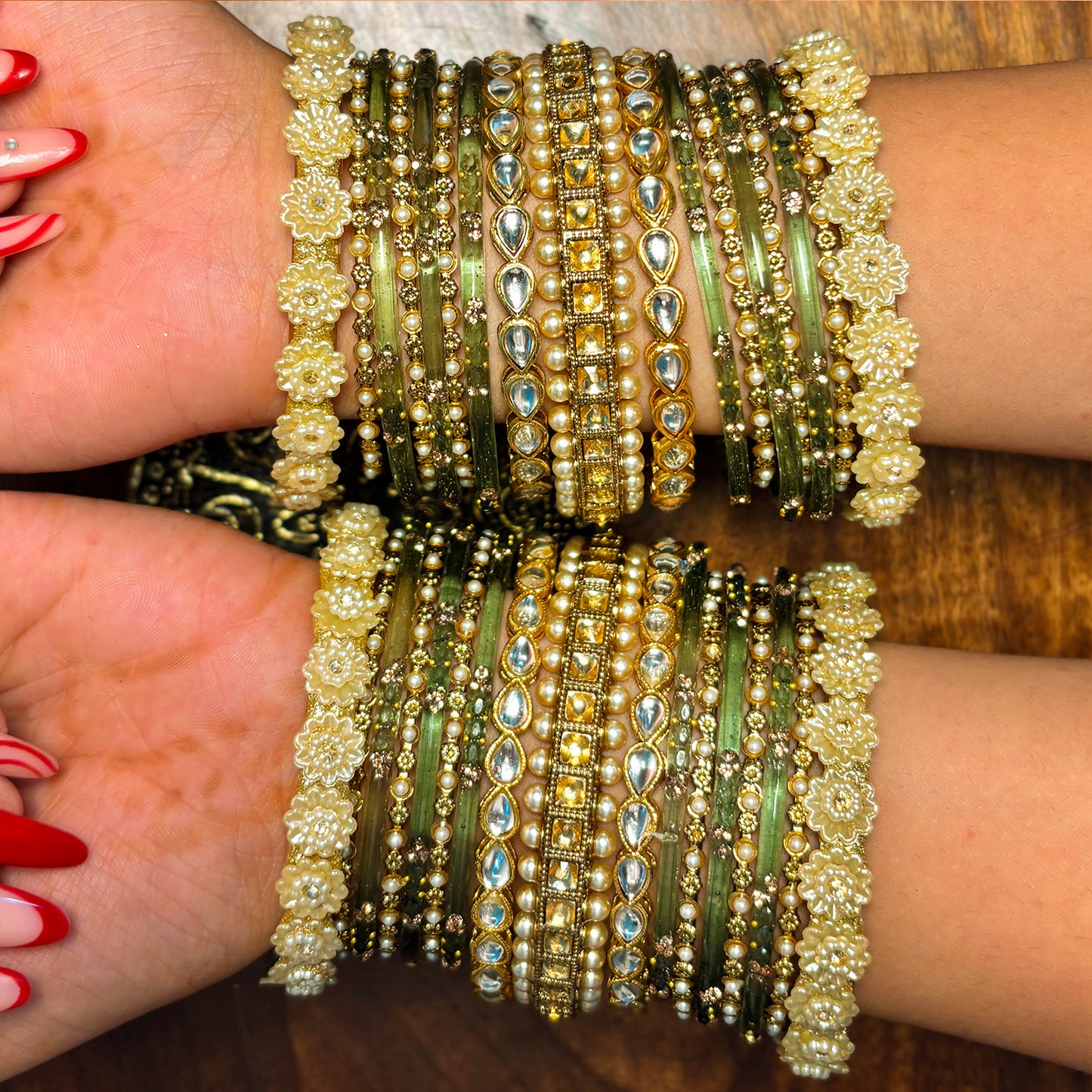 Traditional Elegant Olive Color Glass Bangles Set for Women